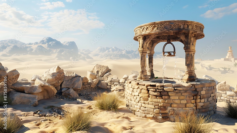 An medieval water well in the desert very detailed and realistic shape