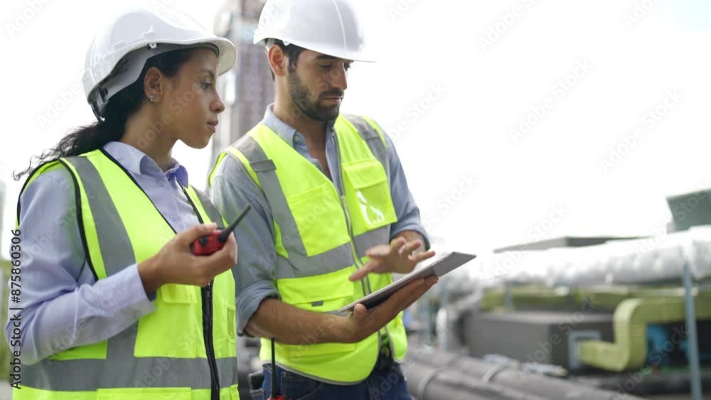 Professional engineer or technician worker man use tablet to explain the management system to his co-worker during work on terrace of high building. Professional engineer or technician worker man use tablet to explain the management system to his co-worker during work on terrace of high building.