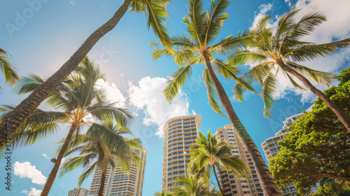 Beautiful Waikiki Beach in Hawaii, with towering buildings and lush palm trees against the blue sky. photo