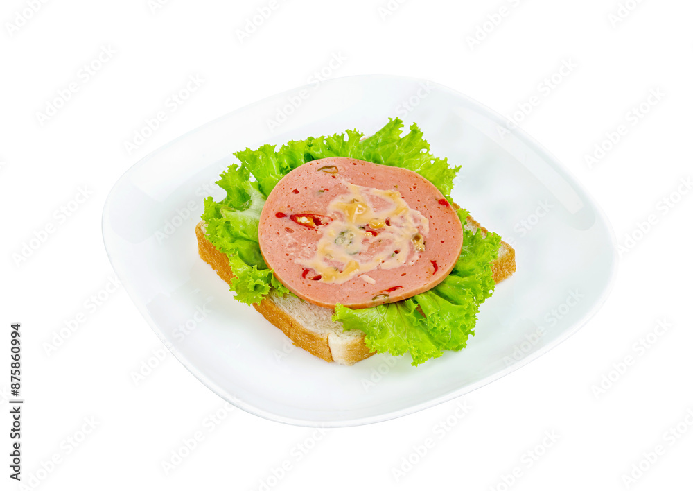 bologna sliced with bread and lettuce leaf isolated bologna sliced with bread and lettuce leaf isolated