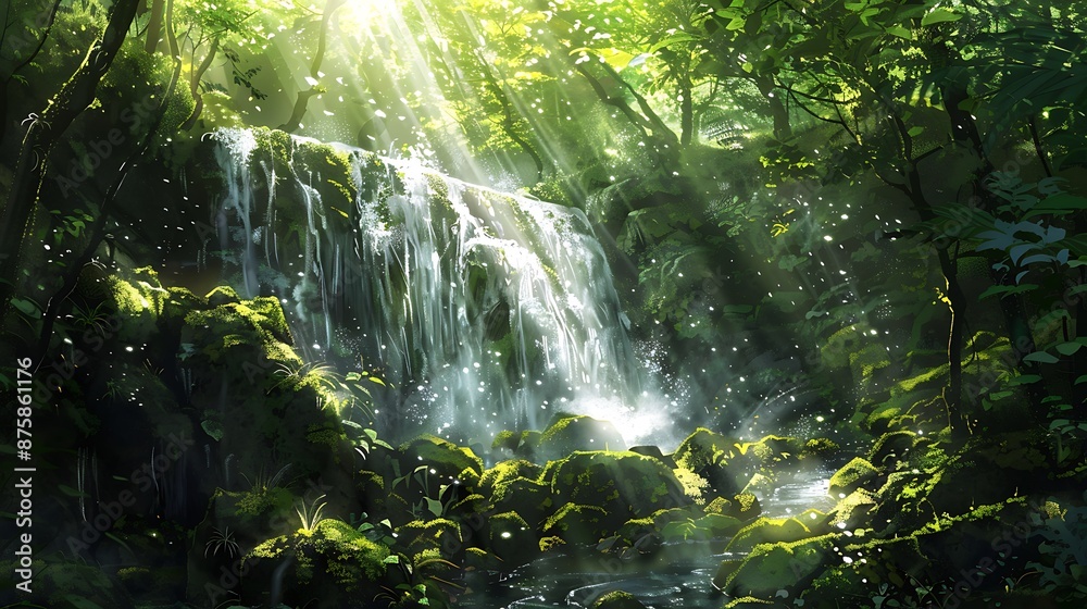 Cascading waterfall in a lush green forest with bright sun rays shining through the trees Cascading waterfall in a lush green forest with bright sun rays shining through the trees