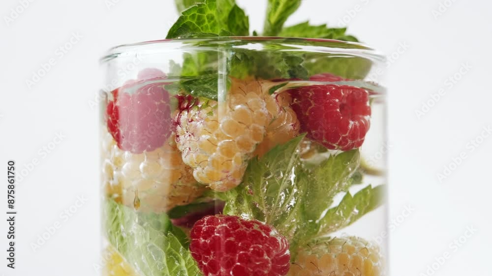 Close up of water glass with juicy yellow and red raspberries, fresh green mint leaves. Summer cocktail, Refreshment sparkles soda. Organic and drink concept Close up of water glass with juicy yellow and red raspberries, fresh green mint leaves. Summer cocktail, Refreshment sparkles soda. Organic and drink concept
