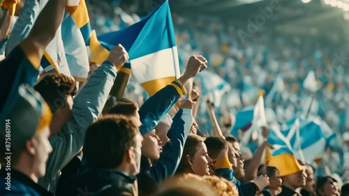 Crowd of fans in stadium stands, energetically waving blue and yellow flags to show support during event, Fans cheering in the stands, holding banners and flags