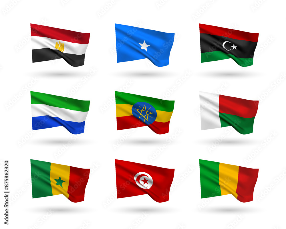 A set of 9 vector flag icons of African countries, isolated on white background. 3D style design elements from world collection created using gradient mesh A set of 9 vector flag icons of African countries, isolated on white background. 3D style design elements from world collection created using gradient mesh