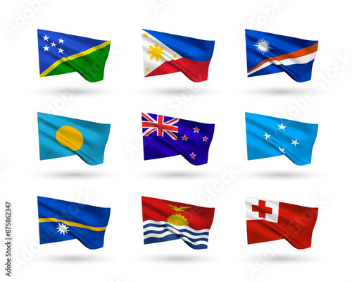 A set of 9 vector flag icons of Pacific islands countries, isolated on white background. 3D style design elements from world collection created using gradient mesh Free Download A set of 9 vector flag icons of Pacific islands countries, isolated on white background. 3D style design elements from world collection created using gradient mesh - GFXLoad
