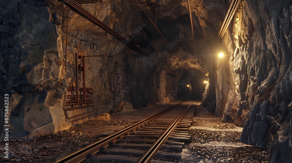 Naklejka premium Basement rail tunnel mine coal extraction old copper setting heavy gold sector very detailed and realistic shape