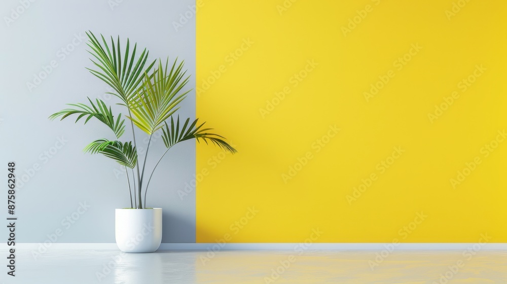 A white plant in a white pot sits in front of a yellow wall A white plant in a white pot sits in front of a yellow wall