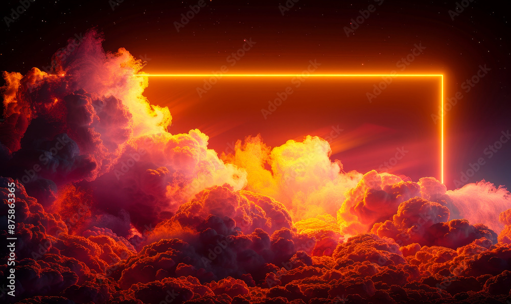 custom made wallpaper toronto digitalFuturistic Neon Frame in Dreamlike Sunset Clouds with Orange and Yellow Glow, Sci-Fi Sky Background, Surreal Atmospheric Concept, Modern Technology Theme, Abstract Artistic Design