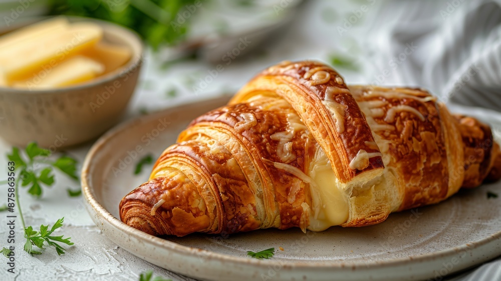 A delectable croissant with melted cheese filling oozing out on a plate A delectable croissant with melted cheese filling oozing out on a plate