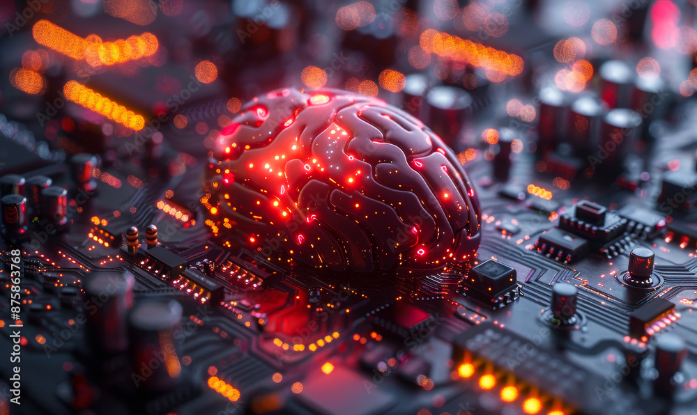 Advanced Smart Brain Technology Concept with Glowing Neural Circuitry on Microchip Background, Digital Illustration in Futuristic Setting for Artificial Intelligence and Innovation Advanced Smart Brain Technology Concept with Glowing Neural Circuitry on Microchip Background, Digital Illustration in Futuristic Setting for Artificial Intelligence and Innovation