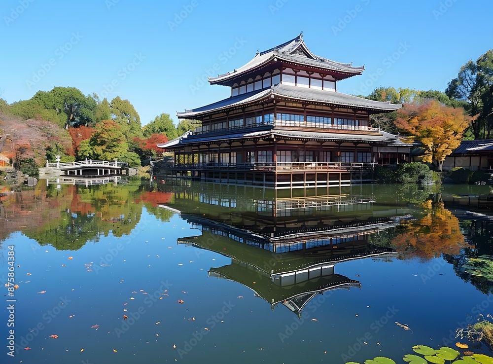 Naklejka premium Traditional Japanese Architecture Reflected in Water with Autumn Foliage