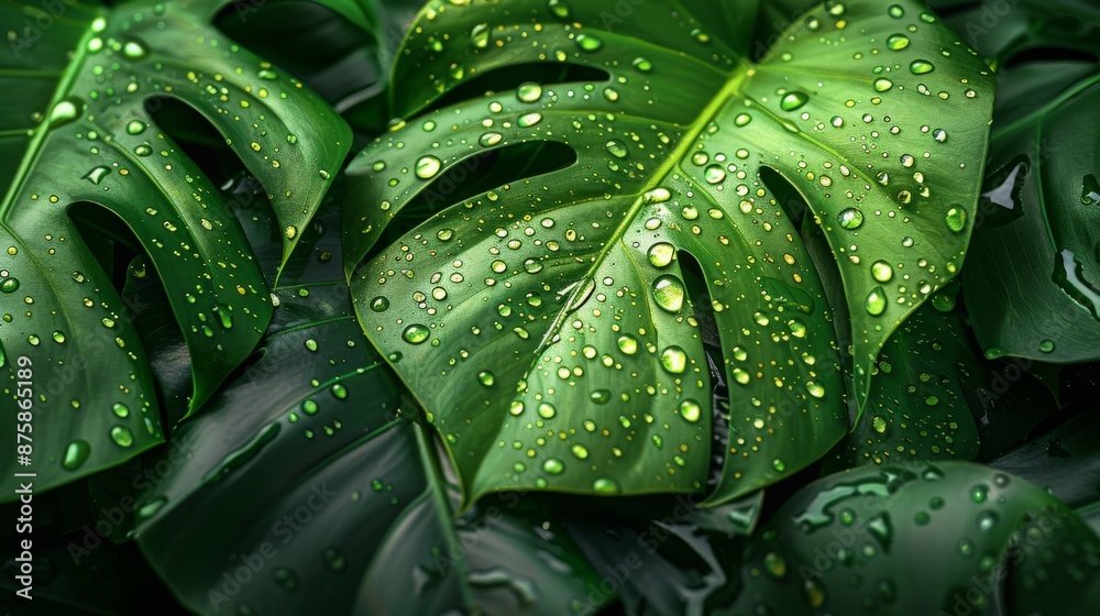Fototapeta premium Raindrops on Giant Green Monstera Leaves