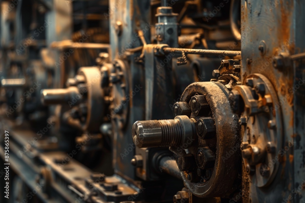 Close-up shot of the intricate machinery inside an old steel factory, each piece humming rhythmically, embodying the relentless energy and power of industrial production Close-up shot of the intricate machinery inside an old steel factory, each piece humming rhythmically, embodying the relentless energy and power of industrial production