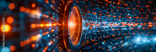 Futuristic blue digital tunnel with abstract elements, representing modern technology and cyberspace