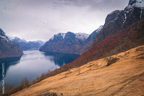 Aurlandsfjorden a fjord in Vestland county, Norway. The fjord flows through the municipalities of Aurland, Vik, and Lærdal photo