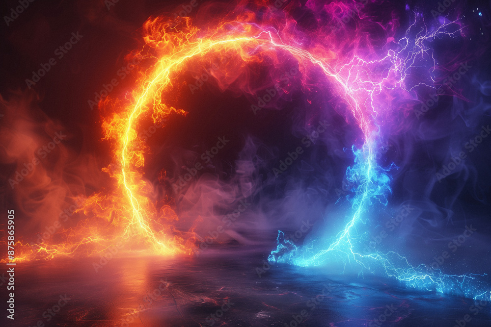 Fototapeta premium Vibrant Fire and Ice Circle on Dark Background. Dynamic fire and ice circle with vibrant orange and blue flames on a dark background