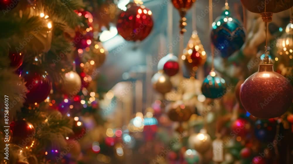 Multiple Christmas ornaments in a row, suspended from the ceiling. Festive decoration for the holiday season, Festive decorations hanging from every corner Multiple Christmas ornaments in a row, suspended from the ceiling. Festive decoration for the holiday season, Festive decorations hanging from every corner