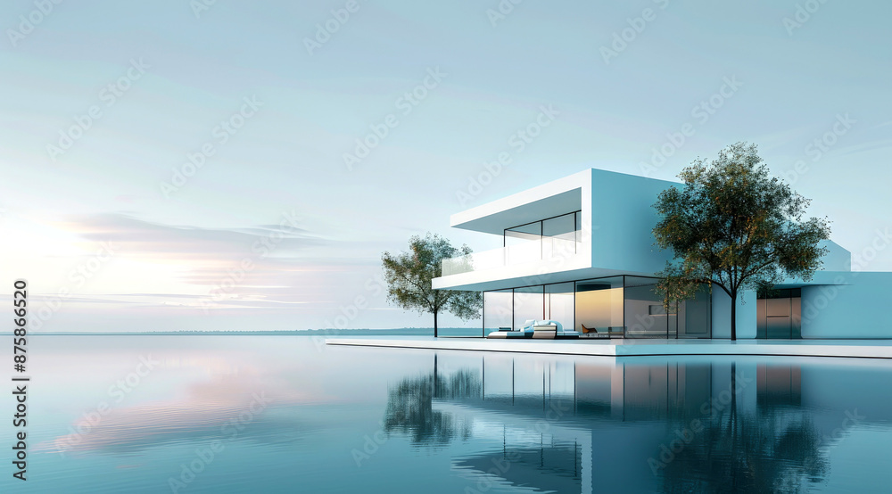 Fototapeta premium 3D rendering minimalist house modern near lake