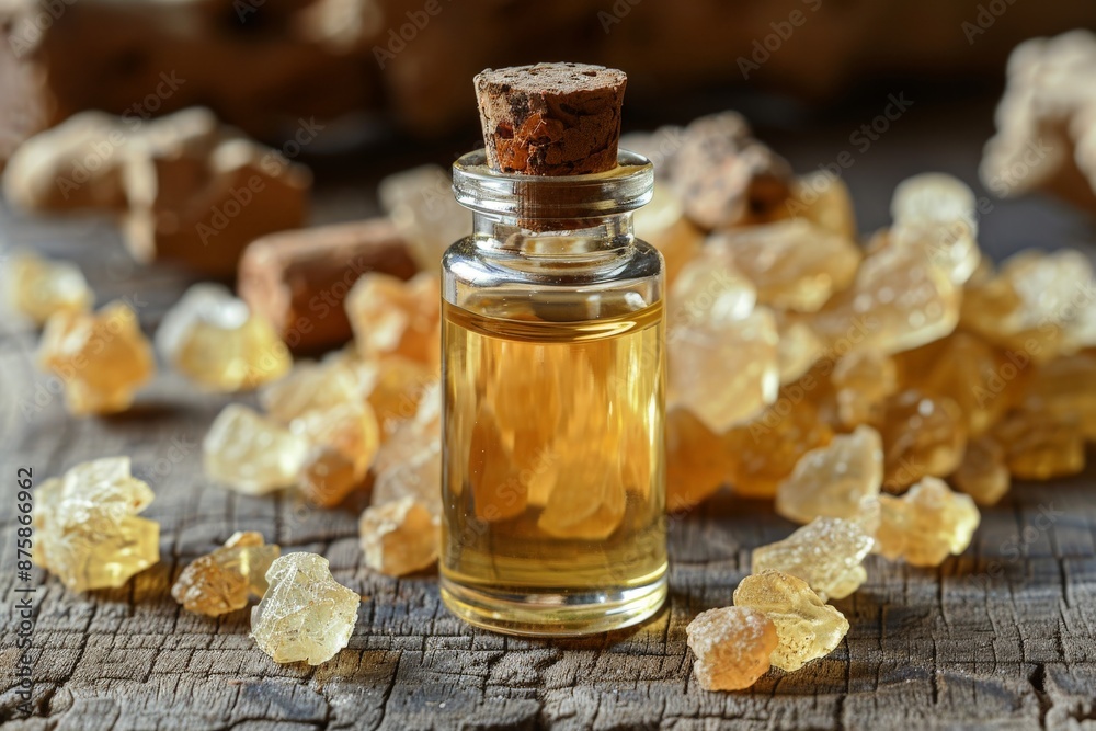 Close-up photo of myrrh resin and an essential oil bottle, evoking aromatherapy and incense. The image captures the texture and natural colors of the resin, alongside the glass bottle, conveying Close-up photo of myrrh resin and an essential oil bottle, evoking aromatherapy and incense. The image captures the texture and natural colors of the resin, alongside the glass bottle, conveying