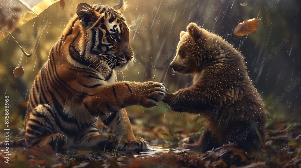 Cute small tiger playing with bear in the forest in rainy weather very detailed and realistic shape