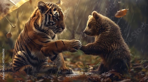 Obraz na płótnie Cute small tiger playing with bear in the forest in rainy weather very detailed and realistic shape w salonie