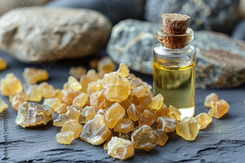 A spa myrrh resin gum tear oils, featuring bottles of oil for a natural and healthy aesthetic