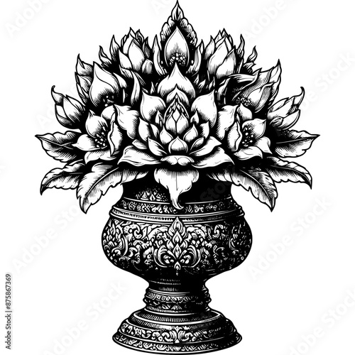 Vintage ink sketch Classic Thai flowers vase vector line art black hand drawn, illustration background