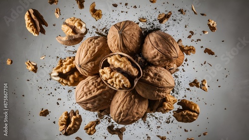 walnuts in mid-air, with several walnut shells cracked open to reveal the nutmeat insideon on the gray background. photo