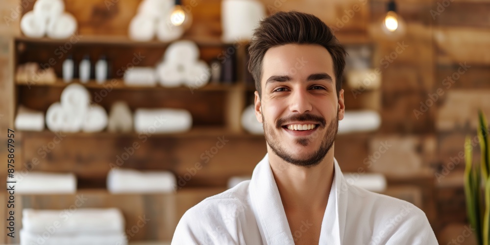 A cheerful guy in a spa robe, practicing body care and skincare in a morning routine for healthy skin. A cheerful guy in a spa robe, practicing body care and skincare in a morning routine for healthy skin.