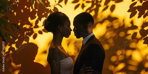 A bride and groom backlit by the sun with shadows of leaves on a wall photo