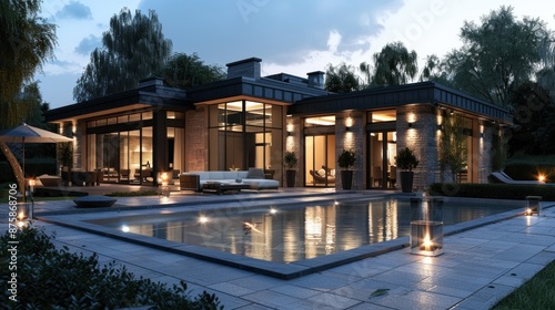 Modern House with Swimming Pool at Dusk