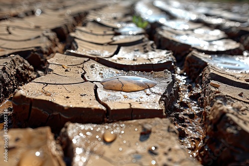 A close up of cracked ground surface with water droplets