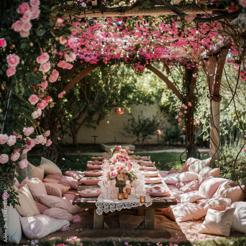 A celebration table in the middle of a garden, surrounded by flowers and marum trees, with pillows thrown around the table photo