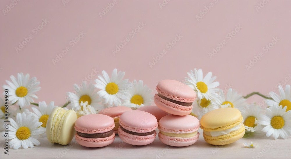 Colorful macaroons and daisies on a pink background Colorful macaroons and daisies on a pink background