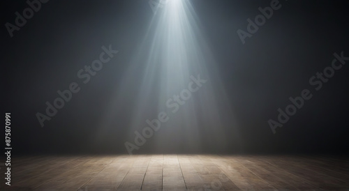 Empty wooden floor with spotlights in dark room. Spotlight background.