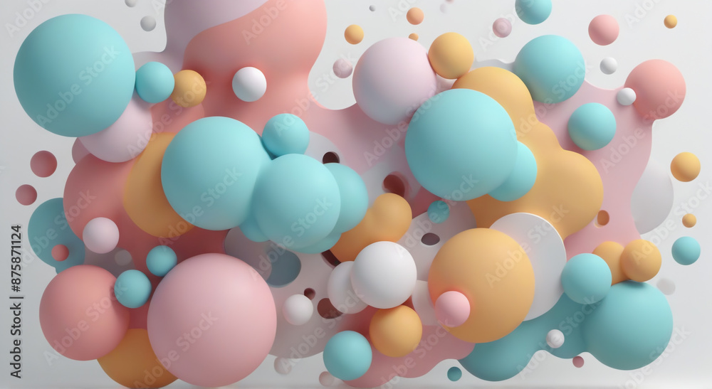 Abstract 3d rendering of chaotic multicolored spheres. Bokeh effect.