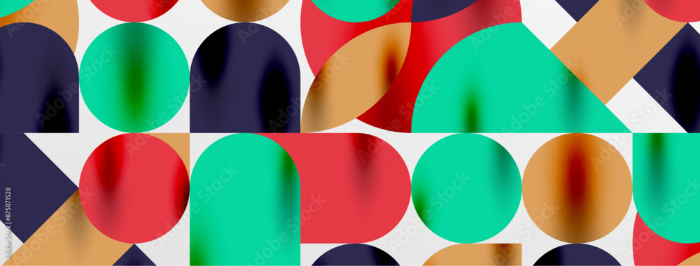 Mosaic geometric elements. Colorful circles, round geometric shapes and lines with shadow 3d effects. Simple forms abstract background for wallpaper, banner, template or landing Mosaic geometric elements. Colorful circles, round geometric shapes and lines with shadow 3d effects. Simple forms abstract background for wallpaper, banner, template or landing