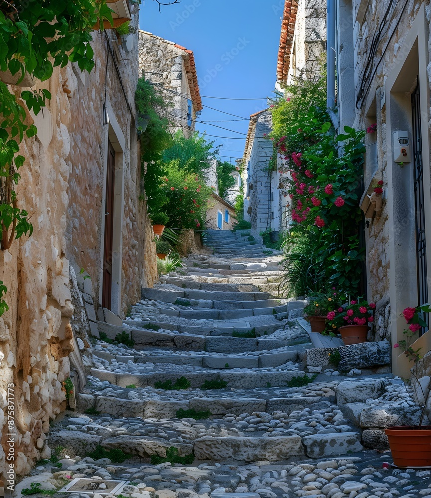 Obraz premium A steep stone alley with colorful flowers in pots