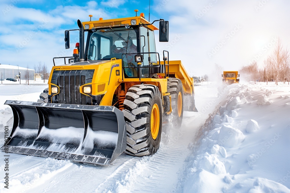 Winter Service Vehicle Clearing Snow on Sunny Day Winter Service Vehicle Clearing Snow on Sunny Day