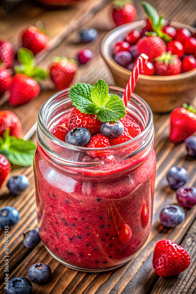 rustic wooden table where the main focal point is a glass jar or mason jar filled with a red fruit beverage, possibly a smoothie or juice. The jar is adorned with fresh strawberries, blueberries rustic wooden table where the main focal point is a glass jar or mason jar filled with a red fruit beverage, possibly a smoothie or juice. The jar is adorned with fresh strawberries, blueberries