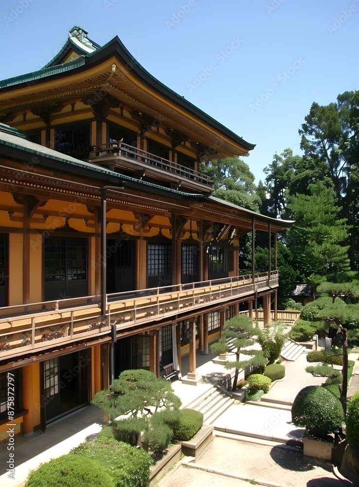 A photo of a Japanese temple with a long balcony and a garden A photo of a Japanese temple with a long balcony and a garden