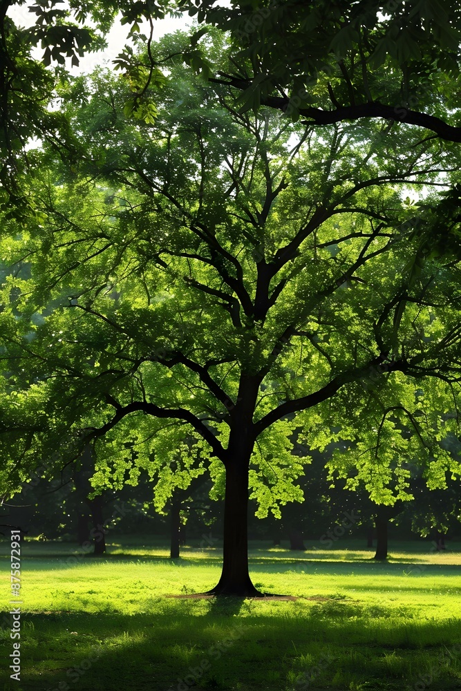 Sunlight shining through the green leaves of a large tree in the park Sunlight shining through the green leaves of a large tree in the park