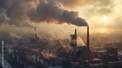Outdoor scene with a polluted factory chimney architecture emitting smoke, emphasizing environmental issues and industrial pollution © growth.ai