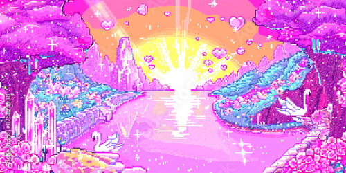 8-bit pixel art depicting a magical fantasy land with crystals, hearts and swans
