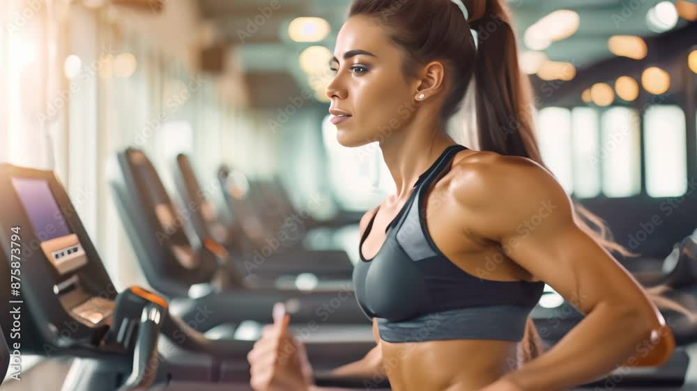 A woman is running on a treadmill in a gym, focusing on her workout routine and physical fitness goals, Fitness equipment in use A woman is running on a treadmill in a gym, focusing on her workout routine and physical fitness goals, Fitness equipment in use