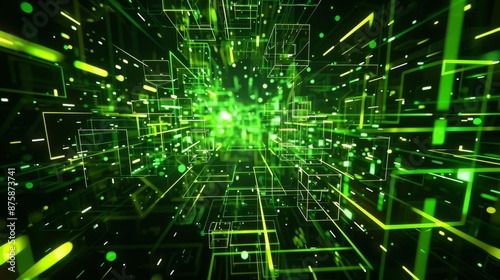 Green digital matrix background featuring glowing cubes, lines, and particle effects. Perfect for technology, cyber, and data visualizations