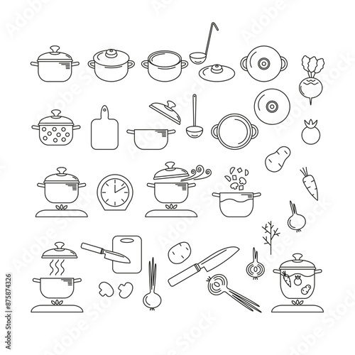 Pot. Set of vector icons. Dishes. Kitchen. Cook food.