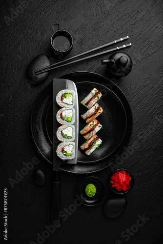 Philadelphia Shrimp Roll. Sushi composition on black background. The Art of Japanese Cuisine. Food photography for menu and sushi bar decoration