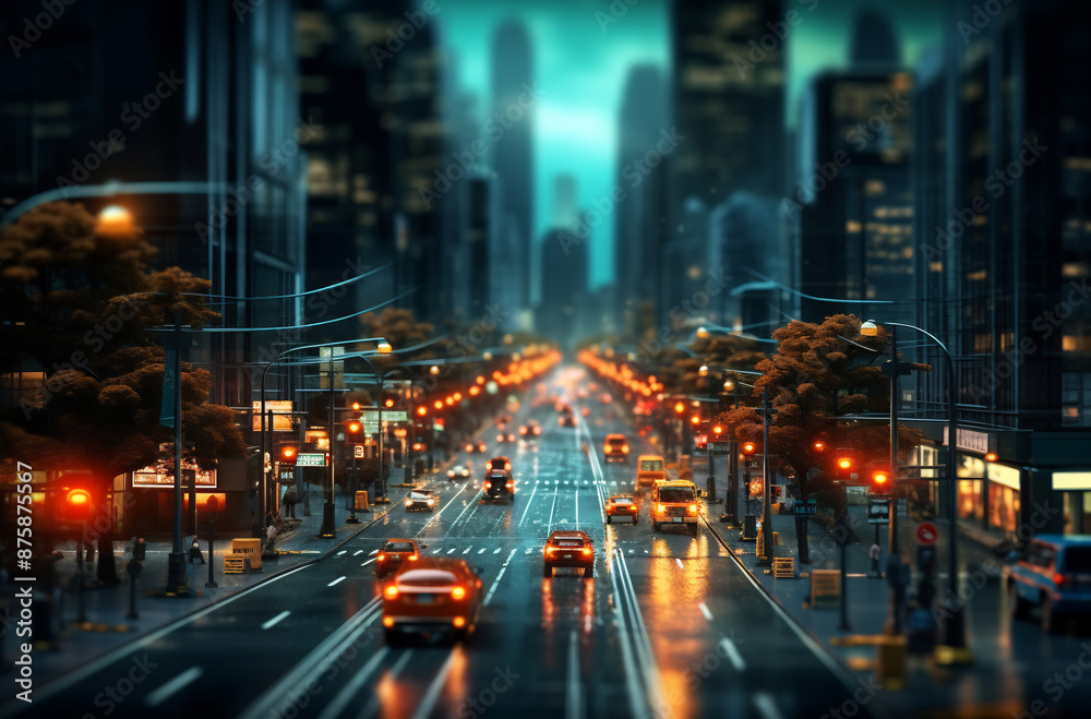 Naklejka premium Busy city street with night traffic