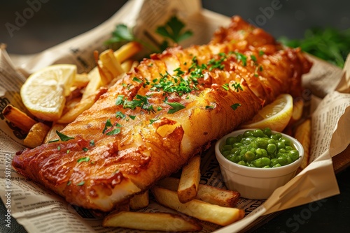 A classic fish and chips dish featuring golden-brown battered cod fillets, chunky chips, mushy peas, and a wedge of lemon on a newspaper print. 